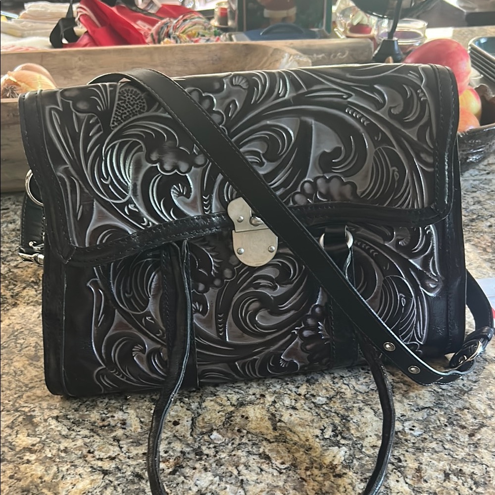 Patricia Nash Black Leather Tooled Western Black Leather Bag EUC